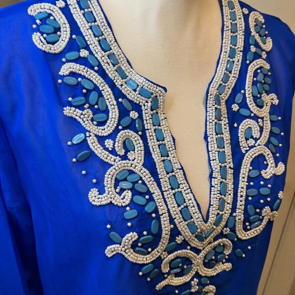Club Z Collection Royal Blue beaded sheer cover up tunic, Size Medium - Picture 3 of 15